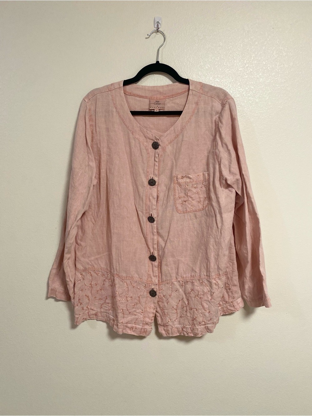 Hot Cotton by Marc Ware Women Size Medium Light Pink Linen Button-Front Top